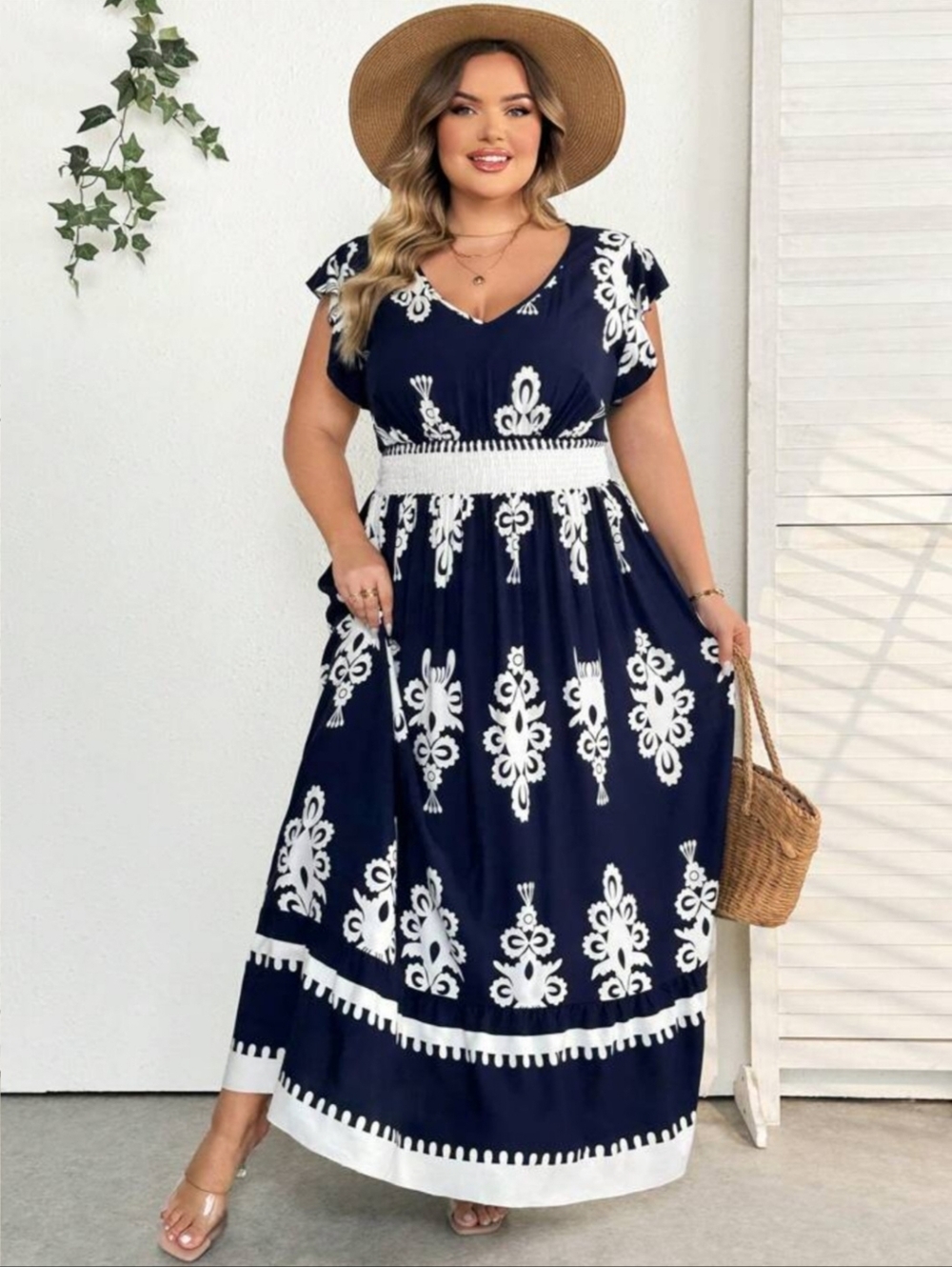 5XL/22 Navy & White BOHO PLUS SIZE Maxi Dress
